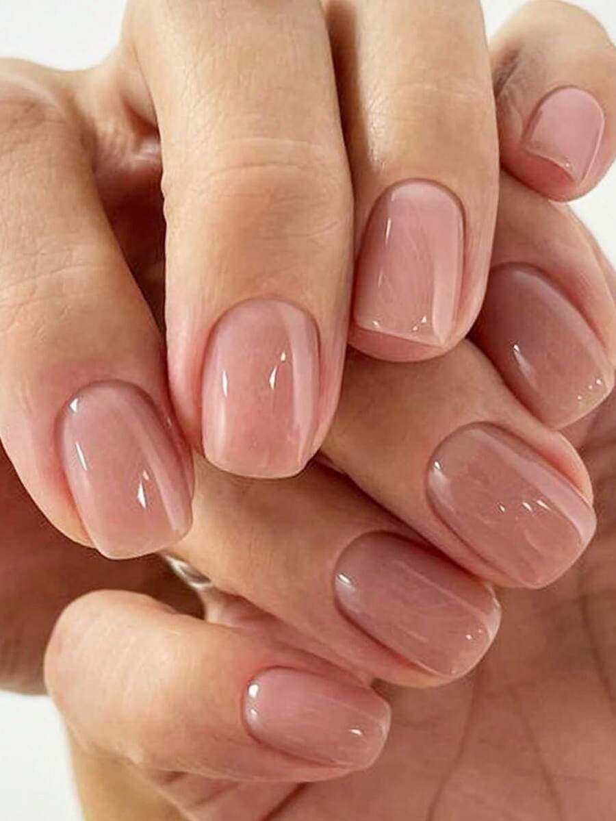 24片可重复使用的方形美甲贴纸，春夏裸粉色果冻凝胶美甲贴纸，光滑圆形亚克力假指甲，美甲用品 - 粉色 - 查看 1