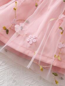 Baby Girl Summer Dress With Tulle, Ruffled Sleeves, And Floral Print, Including A Headband - 粉色 - 查看 6