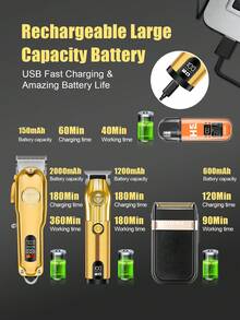 HIENA 四合一专业理容套装，包括无线 LED 理发器、T 型刀头修剪器、电动剃须刀、鼻毛修剪器，操作顺滑轻便，是送给家人、父母和爱人的贴心礼物，配备 2000mAh 大功率锂电池。 - 金色 - 查看 9