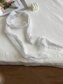 1条白色波点蕾丝长款系带围巾，窄款夏季发带，复古蕾丝波点长款真丝围巾，女士春夏时尚系带围巾，飘逸装饰系带，适合搭配连衣裙 - 白色 - 查看 5