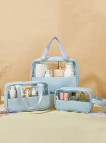3pcs/Set Large Capacity Cosmetic Bag PVC Waterproof Makeup Bag Transparent Travel Organizer Bag Makeup Brush Bag Cosmetic Bag Perfume Storage Box, Essential For Summer Holiday Travel, Beach Bag, Handbag, Suitable For Skincare, Makeup, Bathroom Storage, Lipstick, Makeup Pencils, Shampoo, Toothbrush, Curling Brush, Etc.