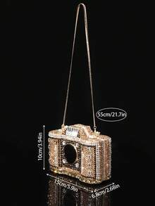 1pc Luxury Humorous Crystal Camera Shaped Evening Handbag, Elegant Glamorous Women Crystal Clutch Bag, Fashionable Lipstick & Perfume Clutch Bag, Luxury Sparkling Crystal Inlaid Women Wallet, All Handmade Metal Diamond Handbag, Suitable For Noble Ladies To Attend Parties, Weddings, Bridal Showers, Banquets, Gatherings (Unsuitable For Placing Mobile Phones) - Gold - View 4