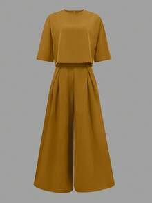 女士时尚衬衫和阔腿裤套装，纯色休闲装，夏季 - 黃色 - 查看 2