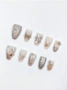 10Pcs Y2K Metallic Sweet Style Handmade Almond-Shaped Short 3D Glitter Bow Flower Star Bow False Nail Art Tips Set, Suitable For Daily, Dates, Afternoon Tea, Outings Press On Nails Nail Supplies Nails