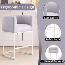 [Bar Stools]26" Counter Height Bar Stool 3 Pcs - Modern Barrel Design With Ergonomic Backrest & Armrests, Linen Upholstery & Sturdy Black Metal Frame For Kitchen Island, Breakfast Bar, Home Decor, Grey - 灰色 - 查看 2