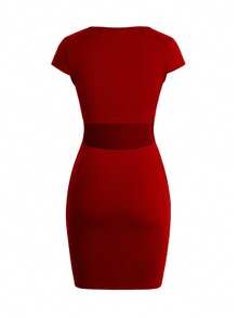Summer Women's Knitted Sexy Slim Hip Wrap Solid Color Dress - 酒紅色 - 查看 4