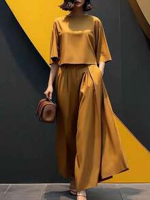 女士时尚衬衫和阔腿裤套装，纯色休闲装，夏季 - 黃色 - 查看 1