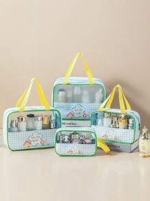 1pc Cartoon & Plaid Transparent PVC Toiletry Bag, Double Layer Dry-Wet Separation Organizer Bag, Waterproof For Travel & Swimming