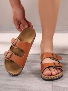 Cute Strap Soft Cork Sole Flip Flops, Two-Buckle Design Men/Women Beach Sandals, Wide Version Plus Size