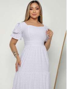 Simple Elegant Party Casual Mesh Ruffle Hem Ruffled Openwork Fabric Three Marias Wedding Dress - White - View 3