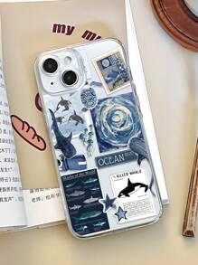 1 pieza de Funda suave y transparente contra huellas dactilares con patrón estético de collage de ballena, medusa y tortuga de tema oceánico veraniego compatible con 16 ProMax/16/16 Pro/16 Plus/11/15/15 Pro/15 ProMax/12/13/14 ProMax/XS/XR/11 Pro/11 ProMax/12 Pro/12 ProMax/13 Pro/13 ProMax/7 Plus/14 Pro/14 ProMax/14 Plus/7 Plus/8 Plus/8/SE 2/12 Mini/13 Mini, antiamarillamiento