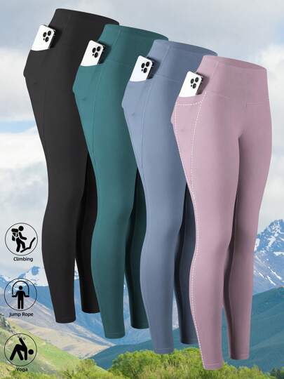4 Pcs Women's Side Pocket Sport Leggings, High Waist Shaping Fitness Skinny Pants