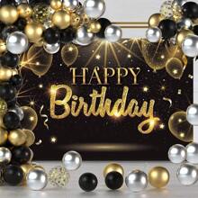 1pc Black Gold Happy Birthday Party Decorations Backdrop, Golden Balloons Glitter Star Birthday Party Photo Background Banner Extra Large Wall Decor Props Party Supplies
