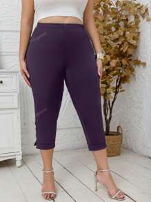 Plus Size Women Button Decor Tight 3/4 Leggings, Stretchy Solid Color Casual Pants