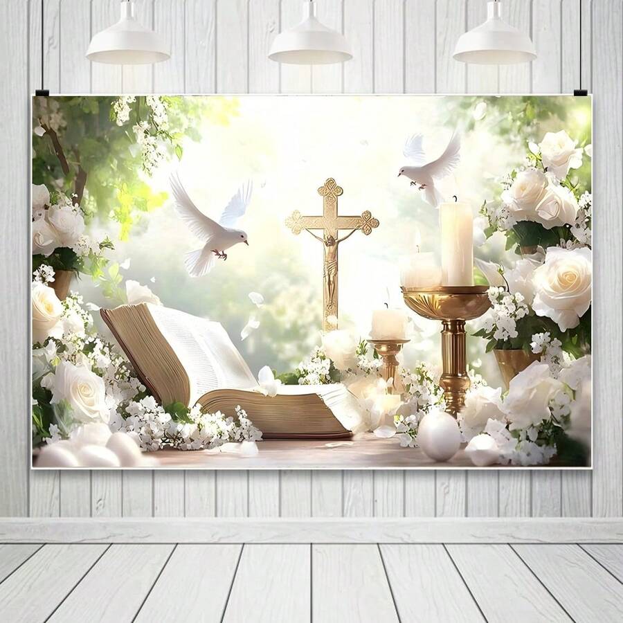 1 pieza, Telón de fondo de vinilo para Primera Comunión - Tema religioso elegante con diseños de cruz, Biblia y vela, impresión de alta resolución, 7x5ft/5x3ft - Decoración para , suministros para eventos de la iglesia, fondo para celebración de Pascua, prop de fotografía para uso doméstico y exterior - 1 pieza x Telón de fondo, soporte no incluido - Verde Oliva - Ver 1