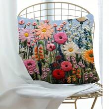 2D Flat Print Floral Throw Pillow Cover 1pc - Digital Print Flower & Leaf Design, 45x45cm Square Zippered Cushion Case - Machine Washable Woven Polyester For Sofa, Bedroom & Living Room Decor (Insert Not Included)
