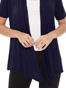 Casual Solid Short Sleeve Open Front Draped Cardigan For Office & Everyday Wear - Navy Blue - View 5