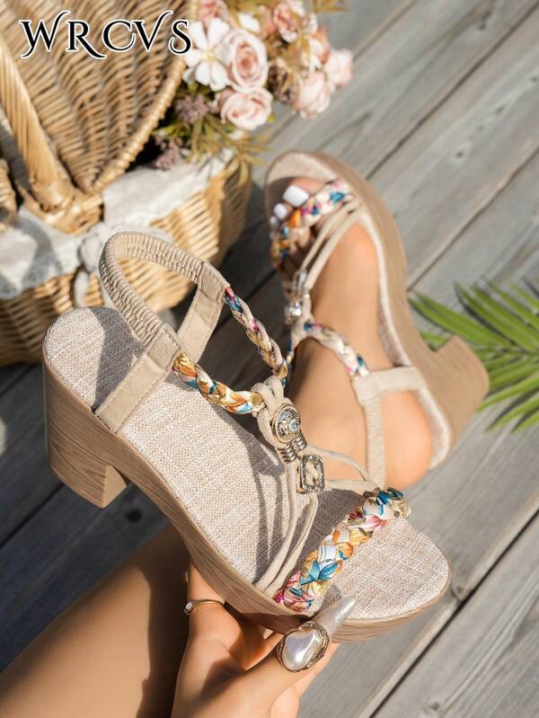 WRCVS Women Beige High Heel Sandals, Hollow-Out Breathable Summer Platform Wedge Retro Casual Outdoor Shoes, Lightweight Bohemian Style Increasing Height Handcraft Beaded Vintage Woven Floral Pattern Random Direction