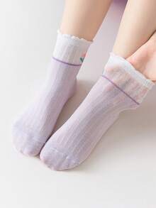 5 Pairs Purple Cute Rabbit, Bow, Heart, Flower Pattern Mid-Calf Socks, Sweet Lace Princess Socks, Suitable For Casual Shoes - Multicolor - View 5