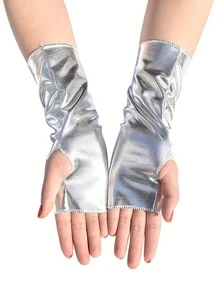 Pair Of Neutral Style Short Fingerless PU Leather Gloves In Bright Black Paint For Halloween Dress-Up, Punk Style Cosplay, Disco And Hip-Hop Dance Gloves, Party Dress-Up Cool And - Multicolor - View 3