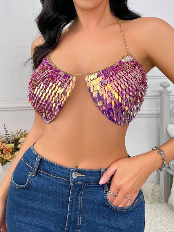 Top de lentejuelas con diseño de mariposa, tirantes finos y cordones, estilo sexy de clubes, inspirado en la moda europea y americana