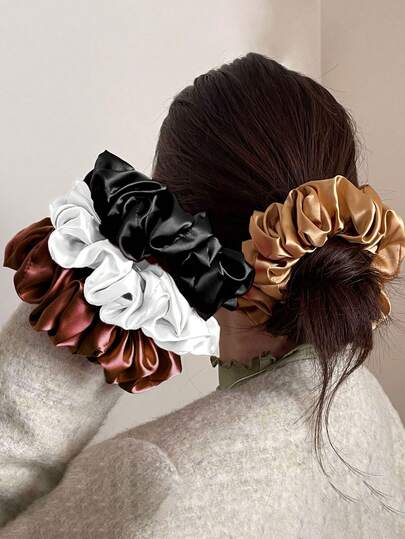 4条/1条装 女士6.5英寸优质缎面发圈，黑色、白色、卡其色、棕色可选，优雅百搭，简约纯色，适合日常、休闲、派对、工作、海滩、沐浴、化妆等场合，可扎马尾辫，弹性发带