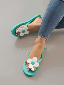 Floral Design Women's Flat Flip Flops Beach Slippers - Blue - View 5