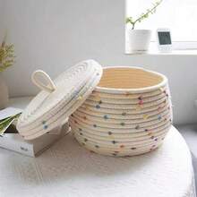 1pc Nordic Style Dotted Cotton Rope Storage Basket With Lid, Desktop Organizer Box, Catchall For Keys, Cosmetics And Miscellaneous Items - White - View 1