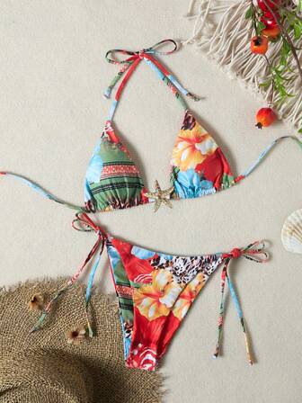 Women's Printed Halter Neck Tankini Swimsuit, Sexy & Elegant Ocean & Starfish Design