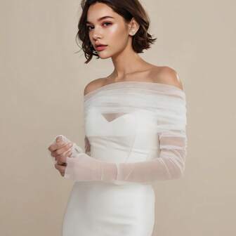 1 套/2 件白色管状肩带披肩新娘礼服，柔软透明网眼袖套，适合婚礼、舞会，适合胸围 100 厘米以上的女性秋季服装