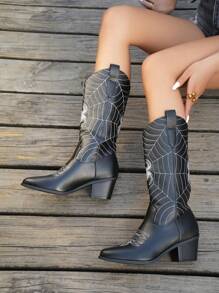 New 2025 Fashion Pointed Toe Block Heel Spider Embroidery Plus Size Slip-On Knee High Cowgirl Boots For Women
