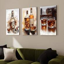 Set de 3 tablouri artistice vintage înrămate cu whisky și trabucuri, imprimare afișe de lux de ultimă generație, potrivite pentru bar modern, sufragerie, baie, dormitor, hotel, pensiune, vilă, galerie, club, cramă, coridor, studio, sală de clasă, studiu, decorațiuni de perete de birou gata de agățat