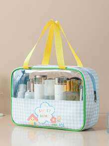 1pc Cartoon & Plaid Transparent PVC Toiletry Bag, Double Layer Dry-Wet Separation Organizer Bag, Waterproof For Travel & Swimming