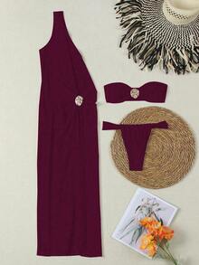 新款春夏欧美优雅性感纯色酒红色三件套比基尼泳衣连衣裙，适合海滩度假派对约会 - 酒紅色 - 查看 4