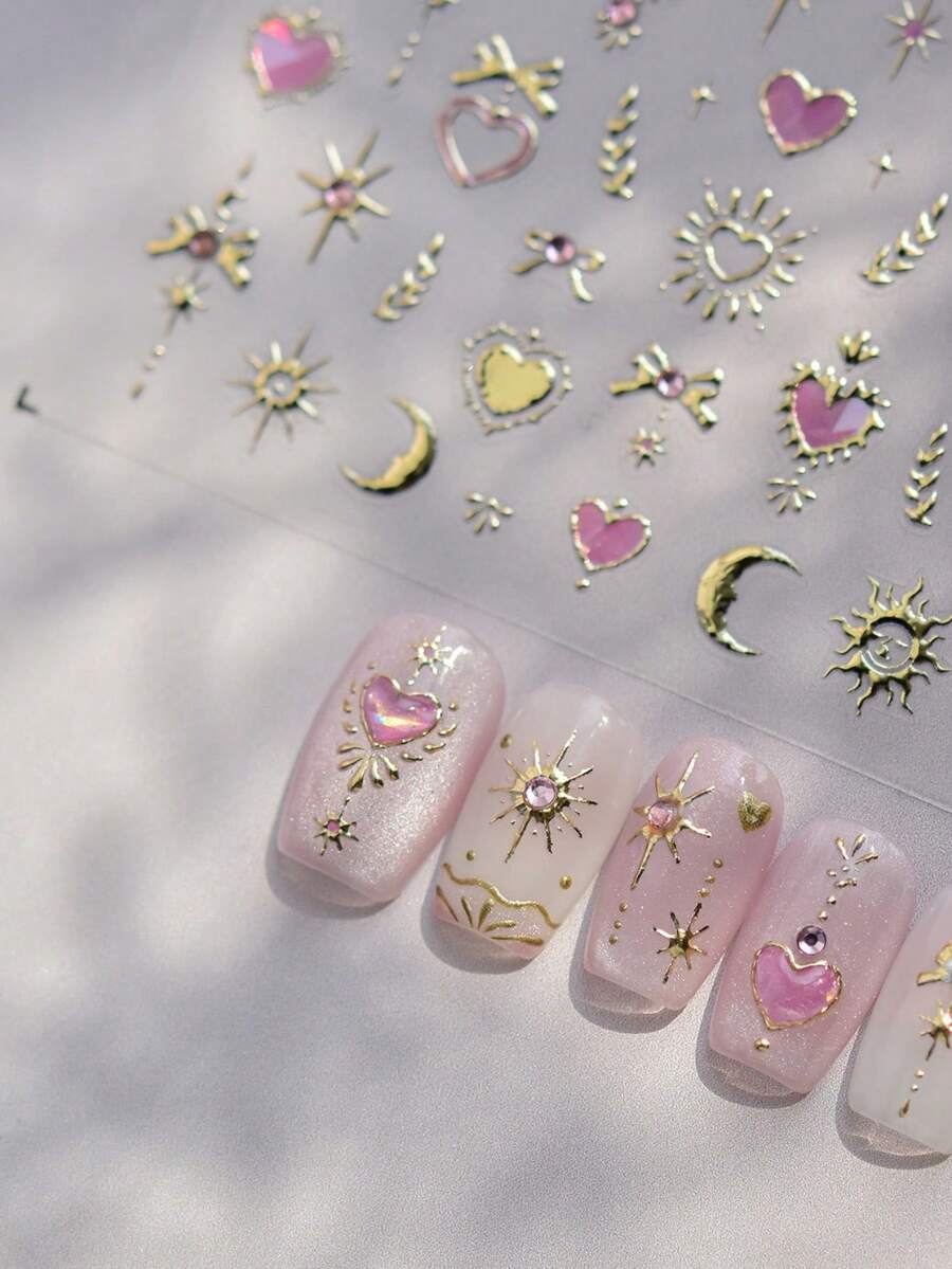 1片金色图腾和粉色爱心美甲贴纸，极光全息美甲贴花，用于美甲设计，水钻，5D自粘，女士美甲配件，美甲美学 - 彩色 - 查看 1