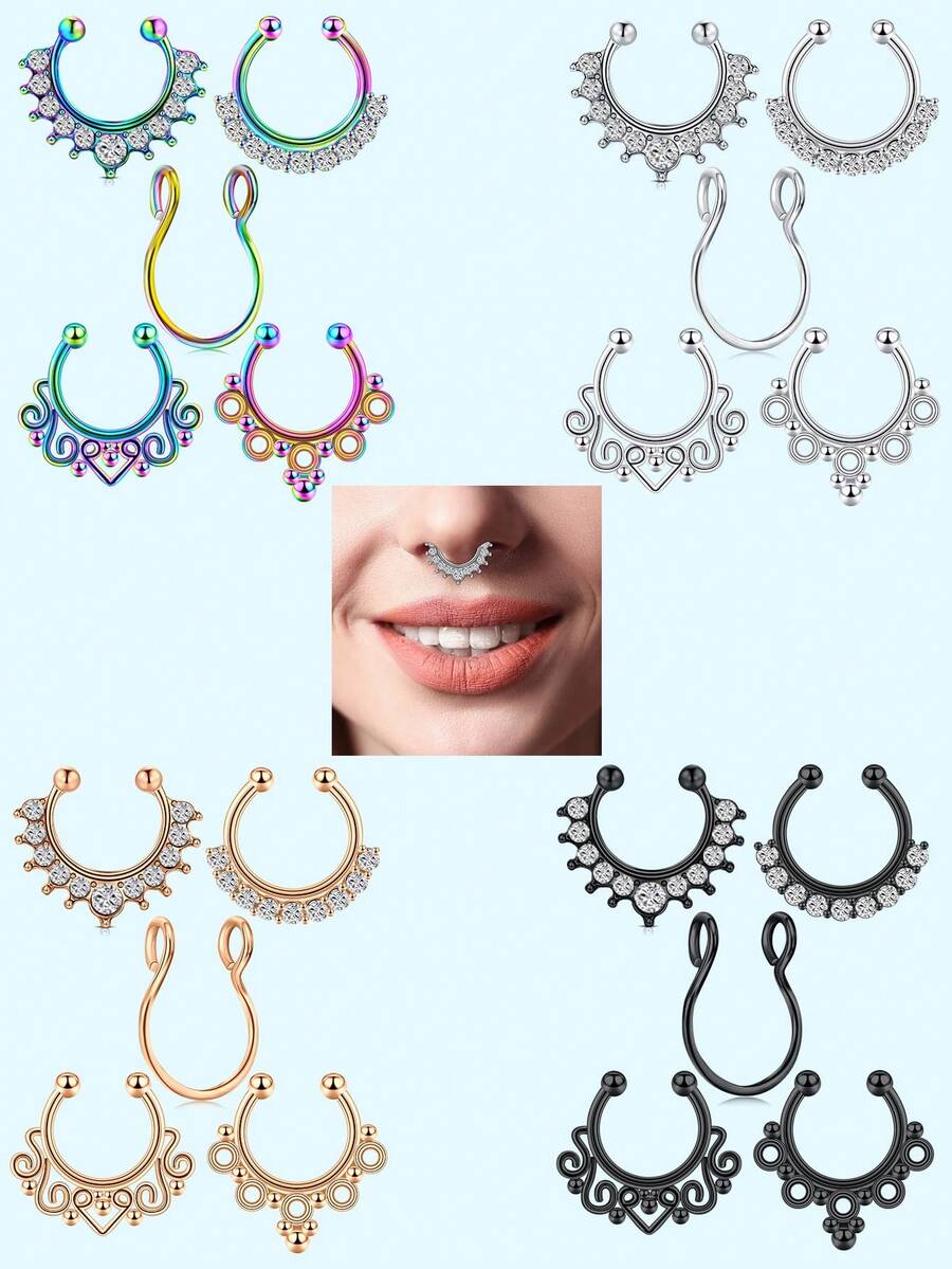 5 件鼻环假鼻穿孔鼻夹鼻中隔，假鼻环假穿孔饰品非穿孔鼻中隔环女士男士朋克风格嘻哈时尚装饰，日常佩戴 - 彩色 - 查看 1