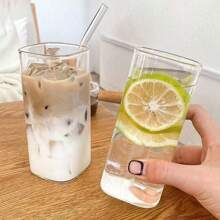 1pc Aesthetically Square Lid Straw Heatproof Glass Cup, Portable High Borosilicate Milk, Coffee, Juice Cup, Large Capacity Square Mouth Glass Water Bottle