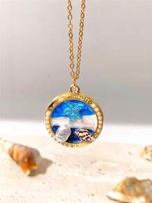 1pc Vintage Luxury Beach Shell & Faux Pearl Oil Drop Pendant Necklace For Women