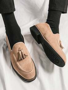 男士休闲一脚蹬乐福鞋，时尚绒面流苏船鞋，商务工作日常莫卡辛鞋，全年男士鞋履 - 米色 - 查看 4