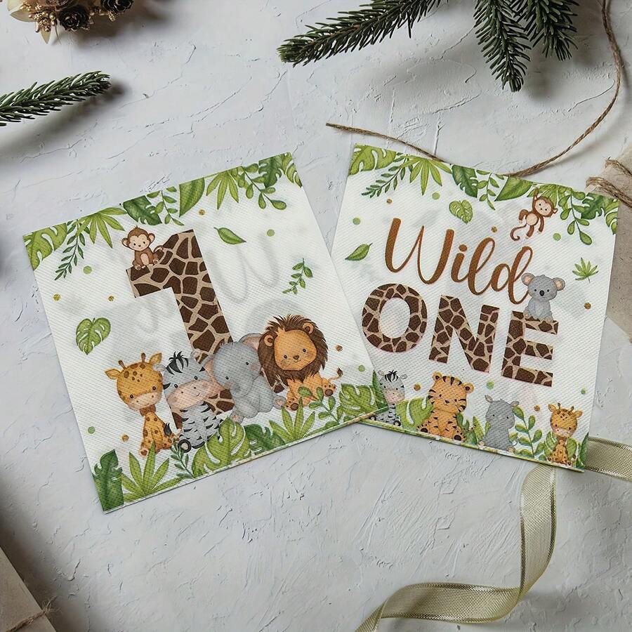 20张/套，小动物图案彩色印花纸巾，动物丛林主题派对一次性双层彩色纸巾，方形纸巾，户外，生日派对纸巾，派对餐巾纸，纸巾板装饰，鸡尾酒餐巾纸，派对装饰用品，西餐厅纸巾 - 彩色 - 查看 1