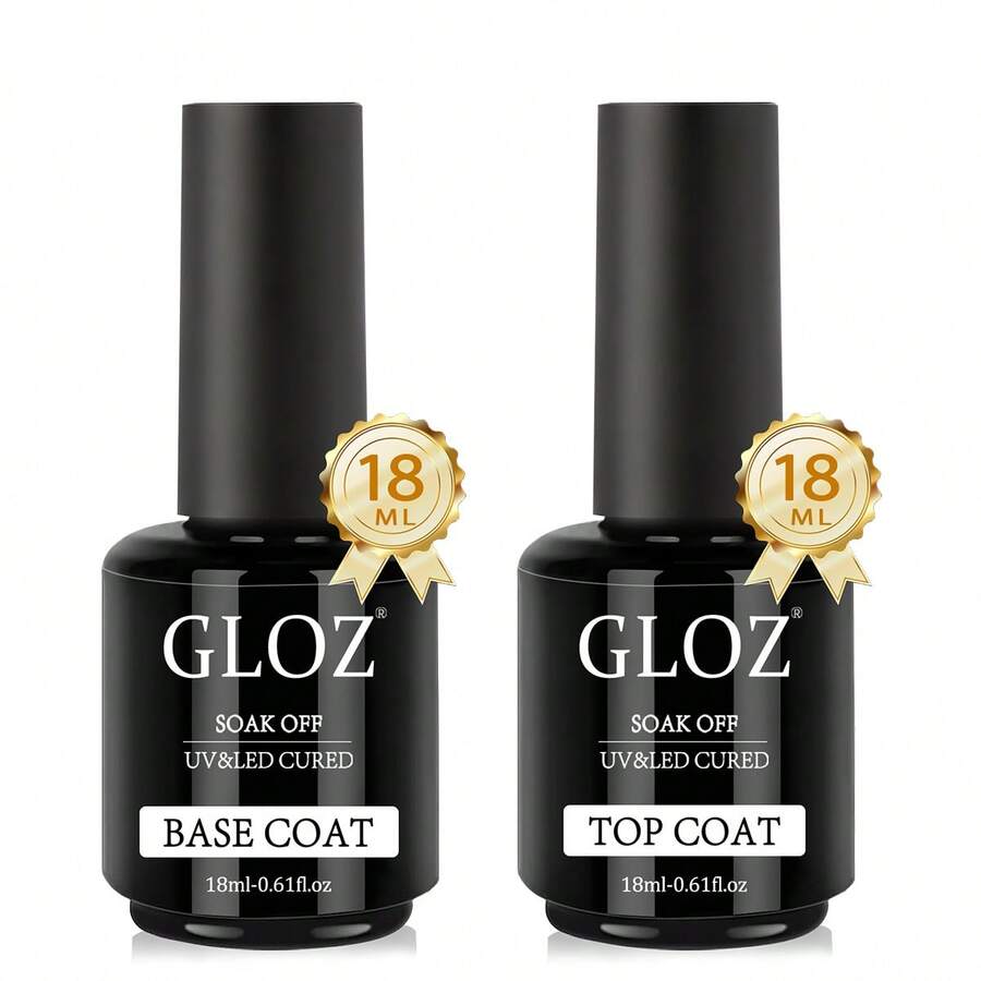 GLOZ 2pcs 18ml Gel Base Coat And Top Coat Set - Glossy, Long-Lasting, Removable, LED Lamp Assisted, Gel Base Coat And Top Coat, Nail Art Design, Nail Care Gift, Suitable For Women - 無色 - 查看 1