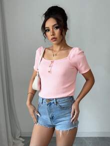 Blusa playera dama mujer manga corta aglobada escote cuadrado botones decorativos rib acanalado - Rosa - Ver 1
