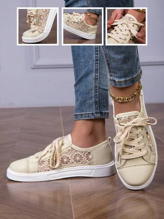 Women's Casual Sneakers, Fashion Hollow-Out Lace Slip-On Casual Shoes, Classic Minimalist Lace-Up Leisure Shoes, MD Soft Sole Lightweight Comfortable Running Shoes