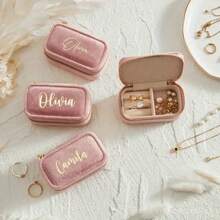 1pc Customized Velvet Jewelry Box With Gold Foil Printing, Elegant Bridesmaid/Birthday/Mother's Day/Valentine's Day Gift, Rectangular Design With Zipper Closure, Jewelry Storage Box