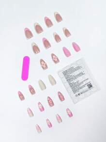 24 piezas de uñas artificiales en forma de almendra de tamaño mediano con diseño minimalista de flores amarillas y rosas para manicura francesa, adecuadas para damas de oficina, uso diario, citas, tardes de té y actividades al aire libre