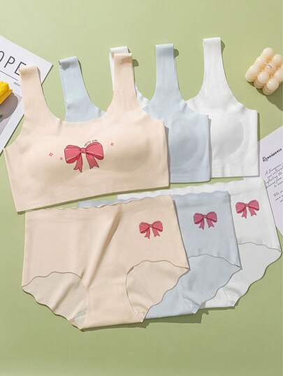 Tween Girl 6 Pcs/Set Simple Bow Decor Cami Top & Hipster Panty Sets