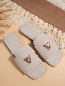 Beige Square Toe Flat Slide Sandals For Women, Metal Leopard Head Decor Strap Slip-On, Elegant Beach Shoes, Fashion Summer New Versatile Ladies Flat Slippers