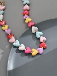 1 pièce Collier pendentif cœur perlé mignon de couleur bonbon pour femmes (couleur du cœur aléatoire) - Multicolore - Voir 5