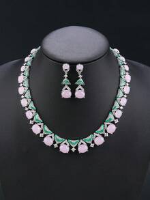 一套三件装奢华立方氧化锆首饰项链耳环套装，时尚个性化项链，可搭配晚礼服，情人节礼物 - 珠寶套裝 - 查看 12