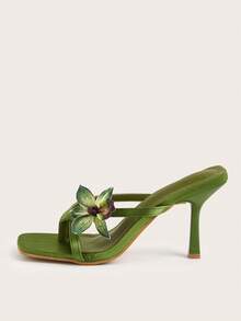 Spring/Summer Travel & Beach Satin Flowers Open Toe Square Toe Stiletto High Heel Sandals - Green - View 4
